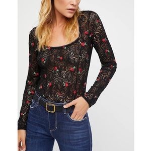 Free People Intimately "Cherry Bomb" Semi-Sheer Stretch-Lace Embroidered Top S